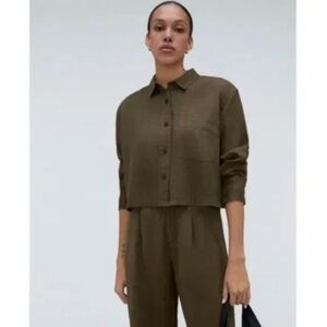 Everlane long sleeve 100% linen crop button down shirt top size M olive khaki